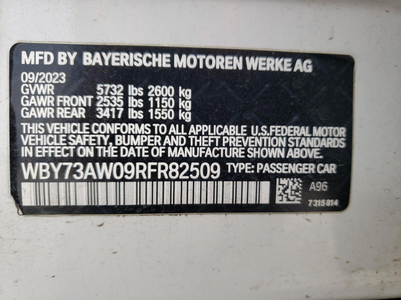 2024 BMW I4 Edrive 40 VIN: WBY73AW09RFR82509 Lot: 54965455