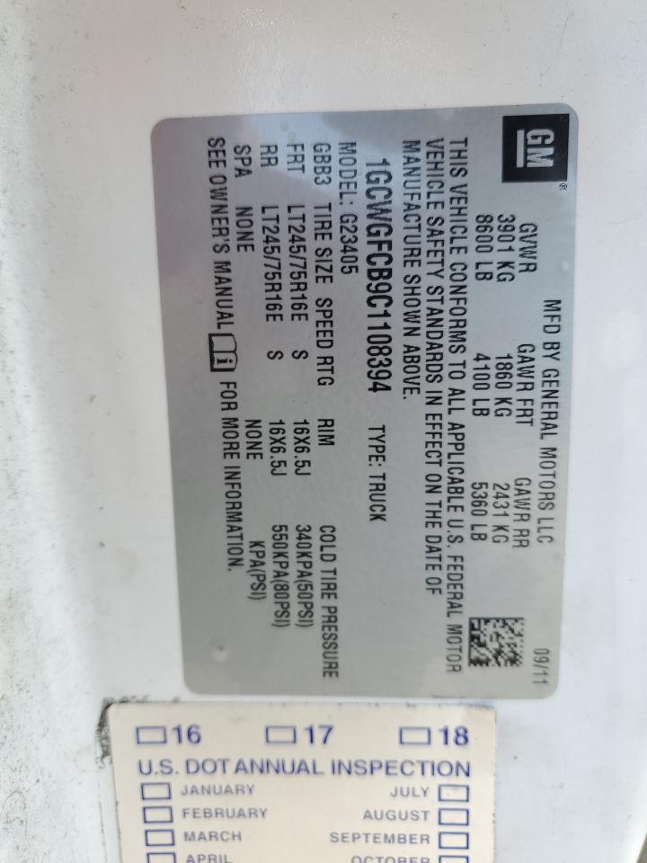 2012 Chevrolet Express G2500 VIN: 1GCWGFCB9C1108394 Lot: 52294265