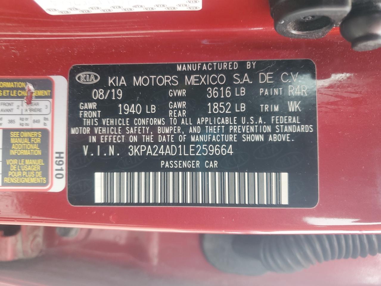 2020 Kia Rio Lx VIN: 3KPA24AD1LE259664 Lot: 55099765