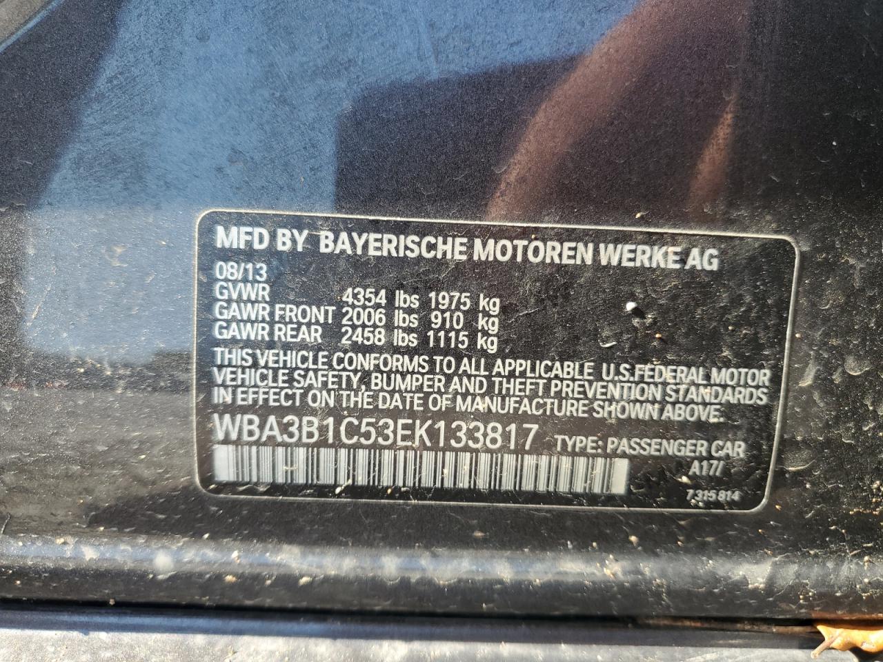 2014 BMW 320 I VIN: WBA3B1C53EK133817 Lot: 54883535