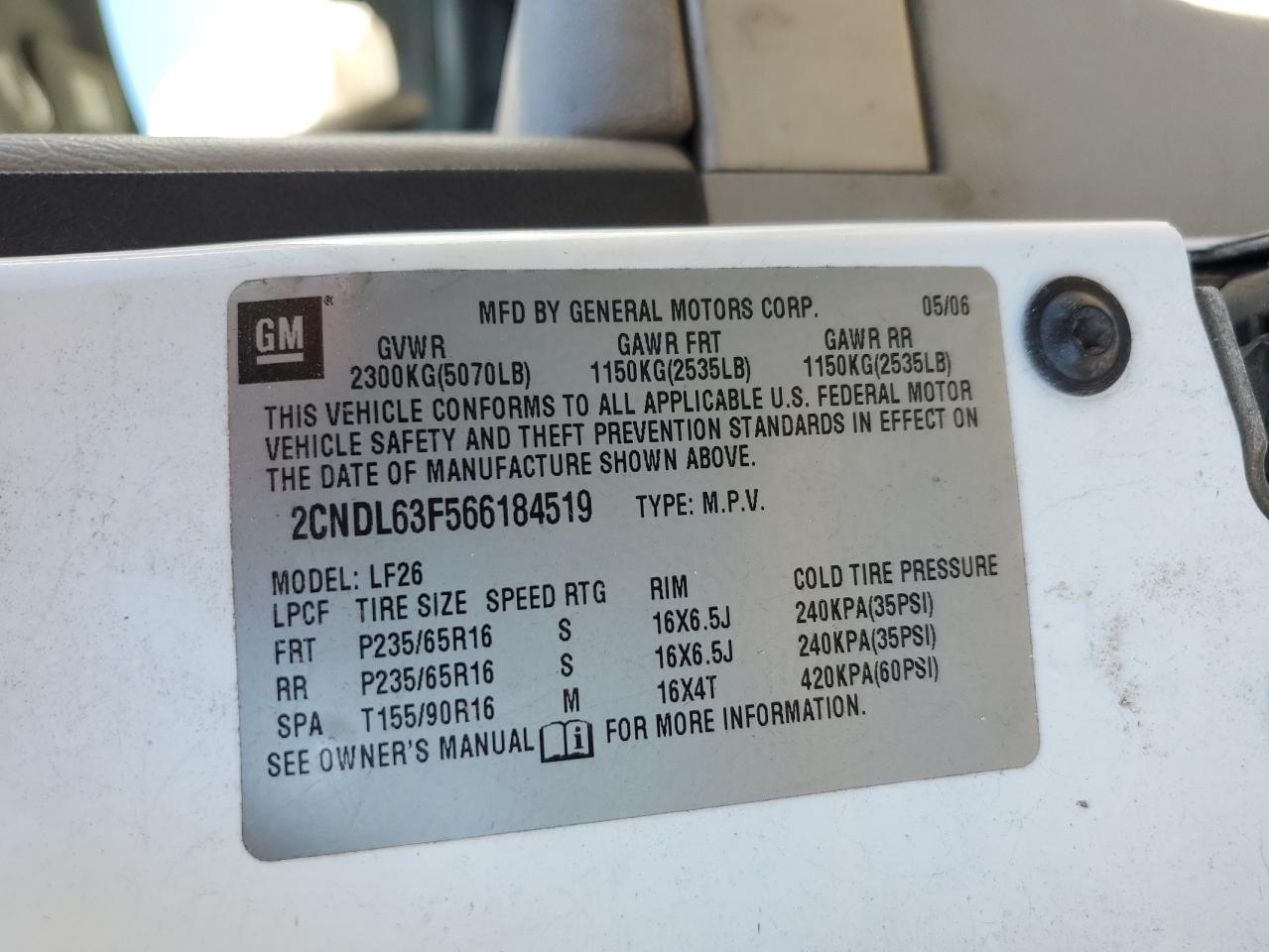 2006 Chevrolet Equinox Lt VIN: 2CNDL63F566184519 Lot: 52546745