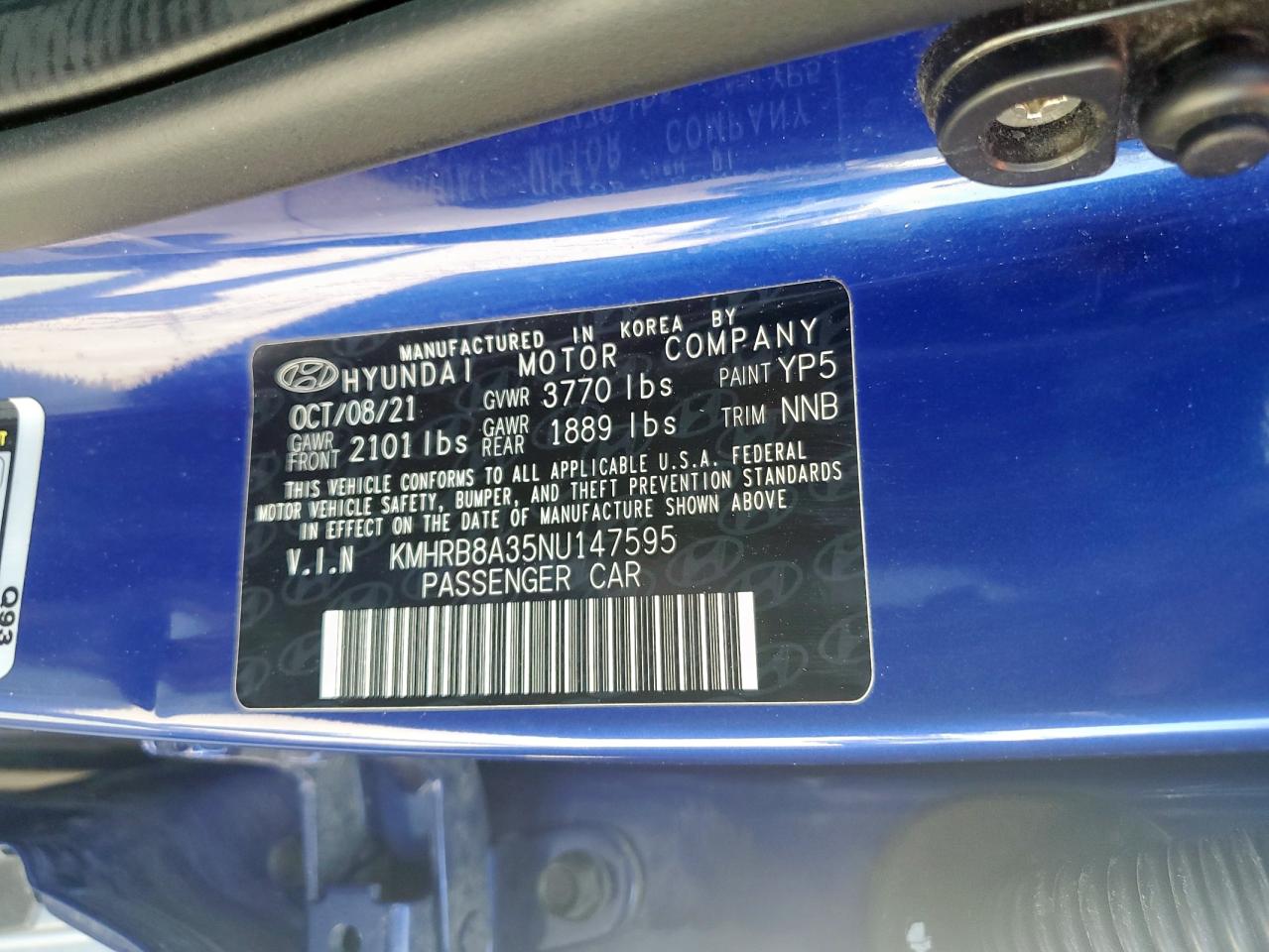 2022 Hyundai Venue Se VIN: KMHRB8A35NU147595 Lot: 54172605