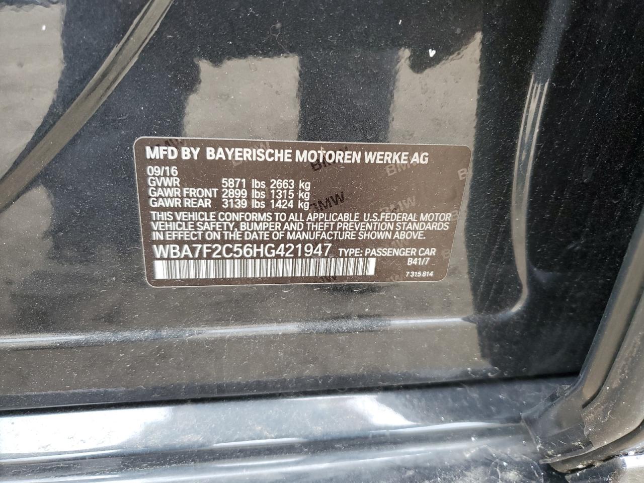 2017 BMW 750 Xi VIN: WBA7F2C56HG421947 Lot: 53884615