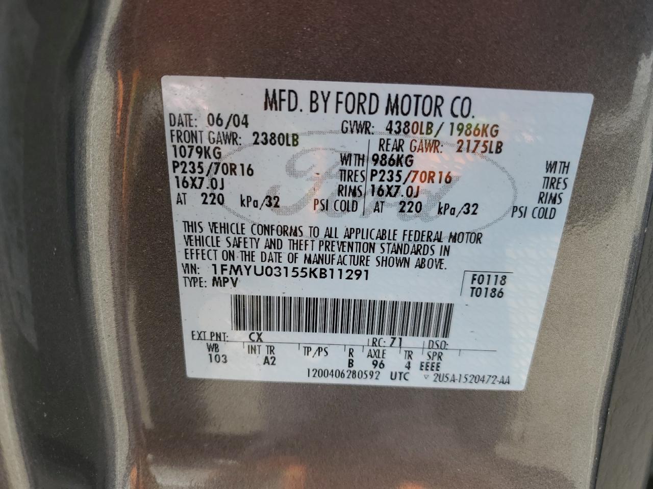 2005 Ford Escape Xlt VIN: 1FMYU03155KB11291 Lot: 52246495
