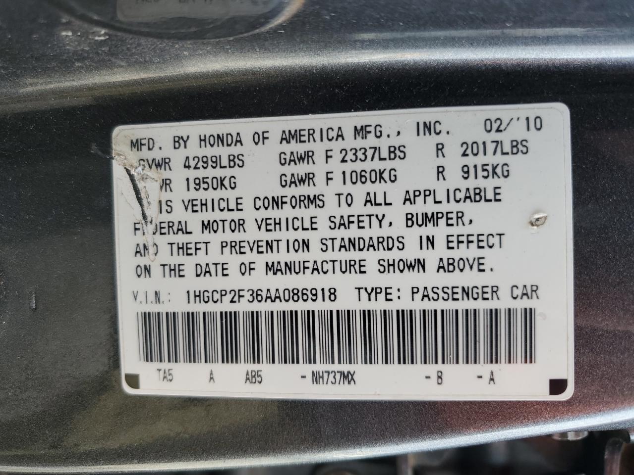 2010 Honda Accord Lx VIN: 1HGCP2F36AA086918 Lot: 51957825