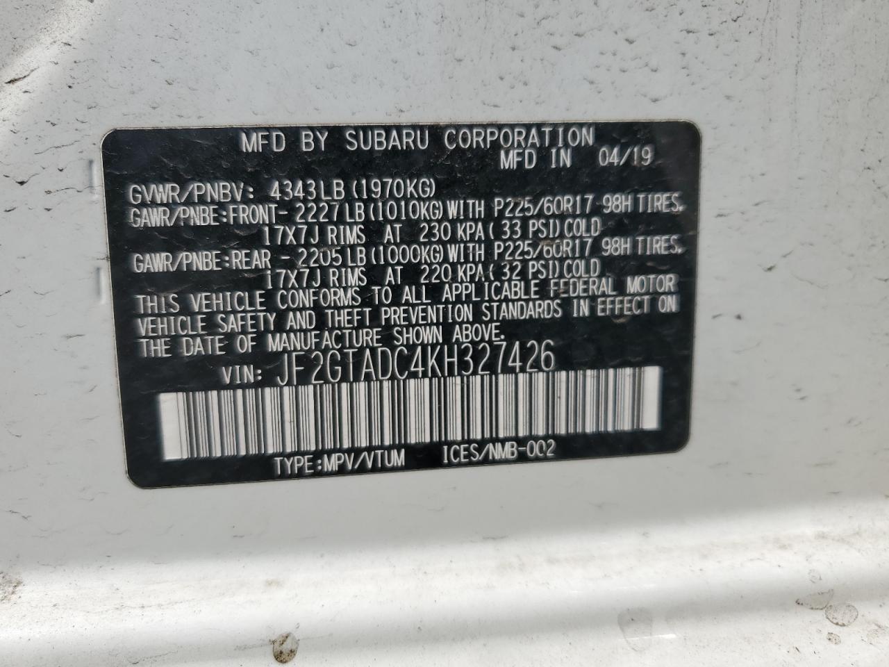 2019 Subaru Crosstrek Premium VIN: JF2GTADC4KH327426 Lot: 54096515