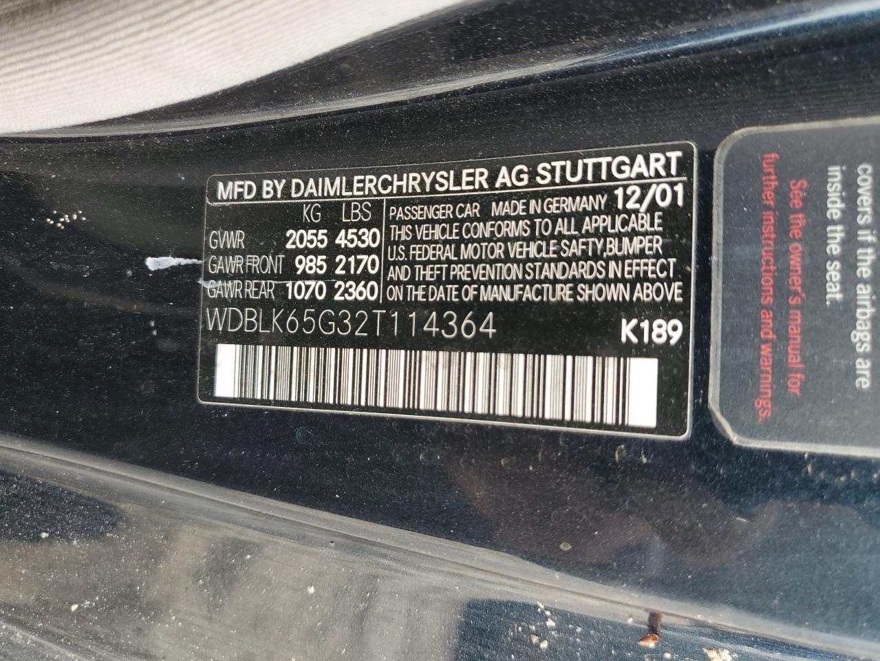 2002 Mercedes-Benz Clk 320 VIN: WDBLK65G32T114364 Lot: 54966935