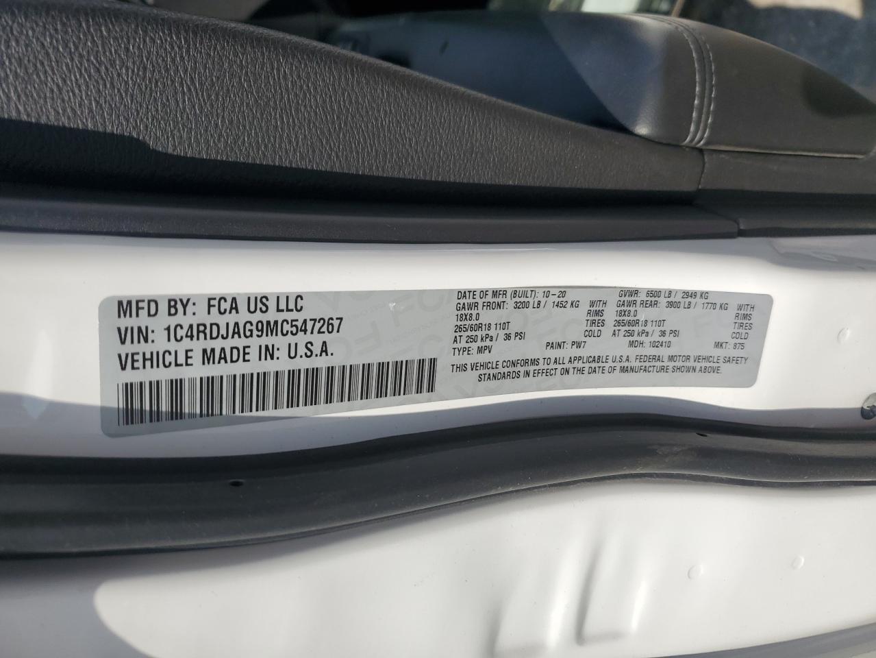 2021 Dodge Durango Sxt VIN: 1C4RDJAG9MC547267 Lot: 51939675