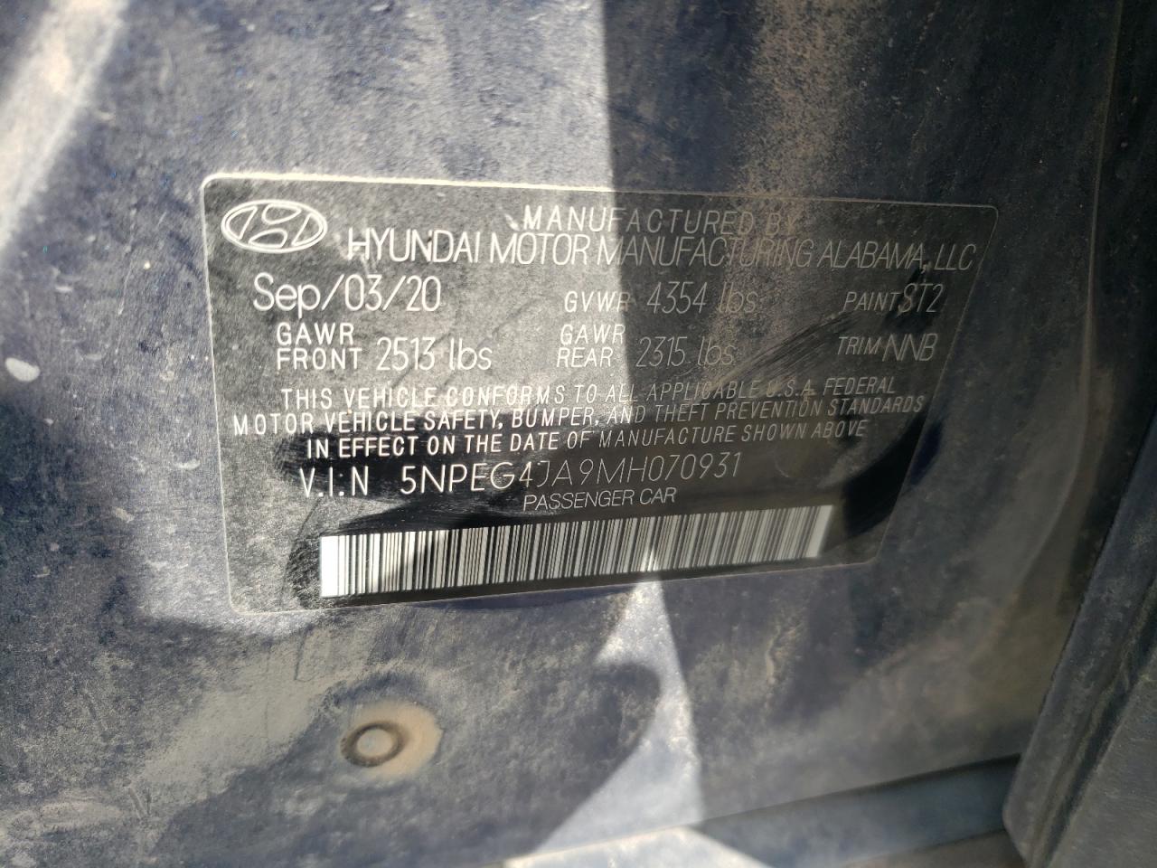 2021 Hyundai Sonata Se VIN: 5NPEG4JA9MH070931 Lot: 53620245