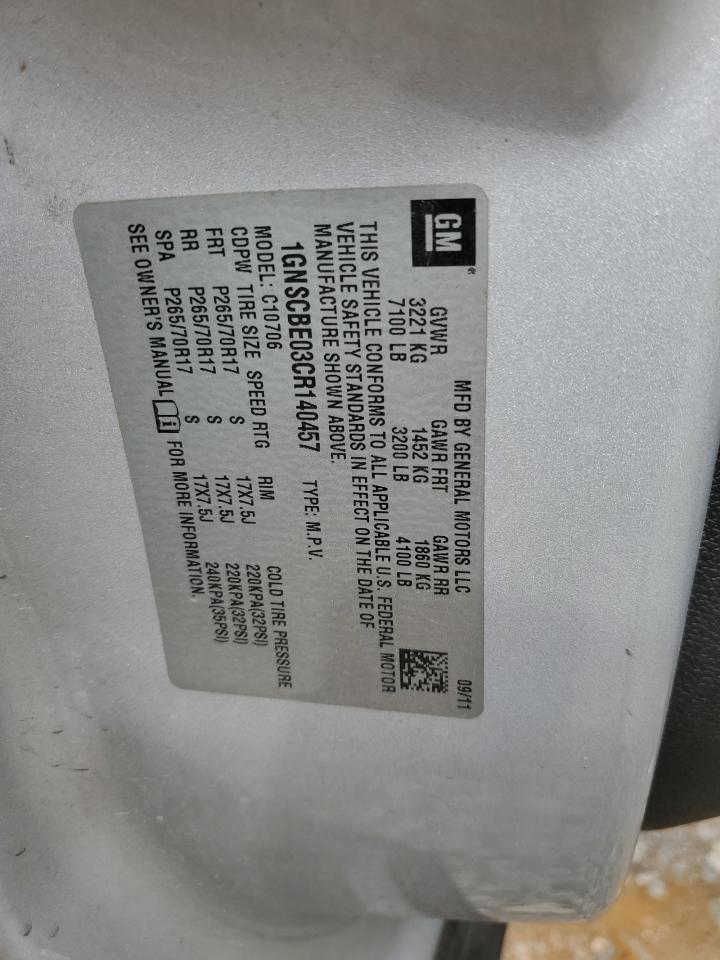 2012 Chevrolet Tahoe C1500 Lt VIN: 1GNSCBE03CR140457 Lot: 54441275