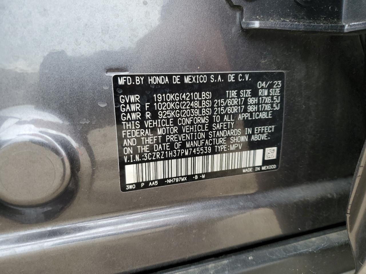 2023 Honda Hr-V Lx VIN: 3CZRZ1H37PM745539 Lot: 52458955