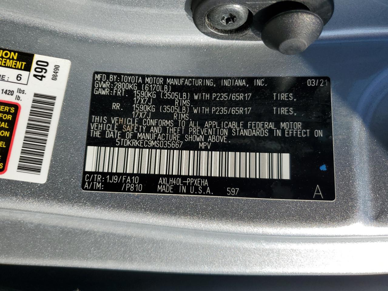 2021 Toyota Sienna Le VIN: 5TDKRKEC9MS035667 Lot: 53754995