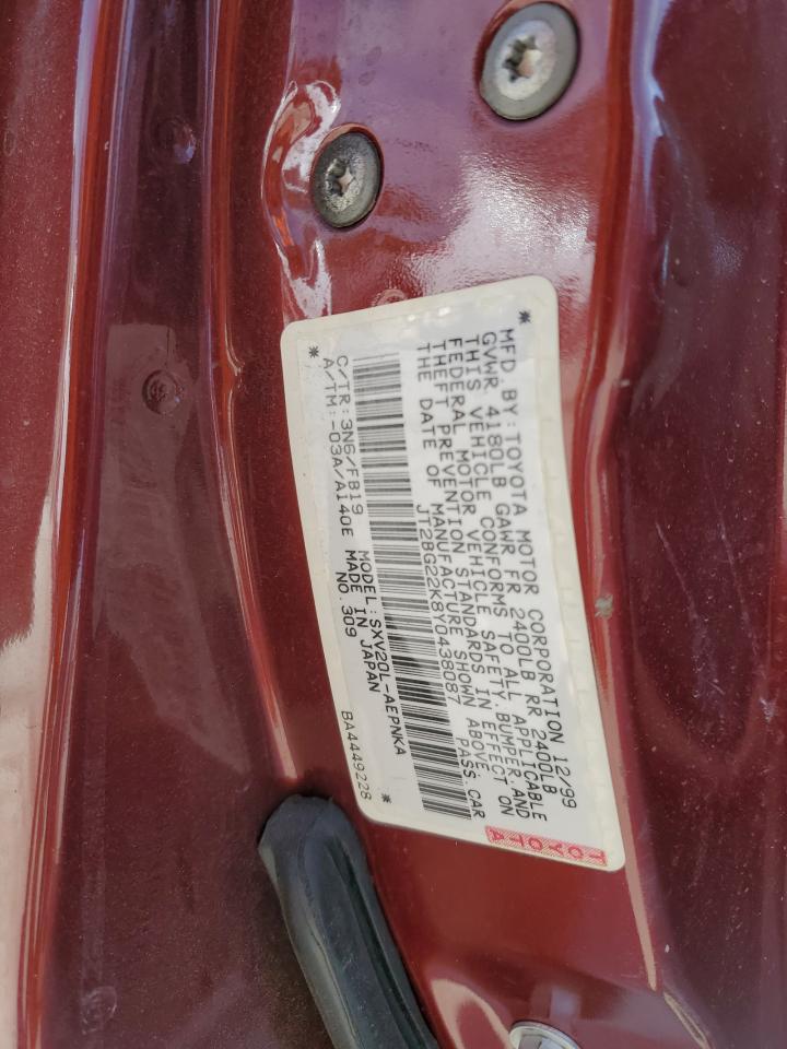 2000 Toyota Camry Ce VIN: JT2BG22K8Y0438087 Lot: 54333685