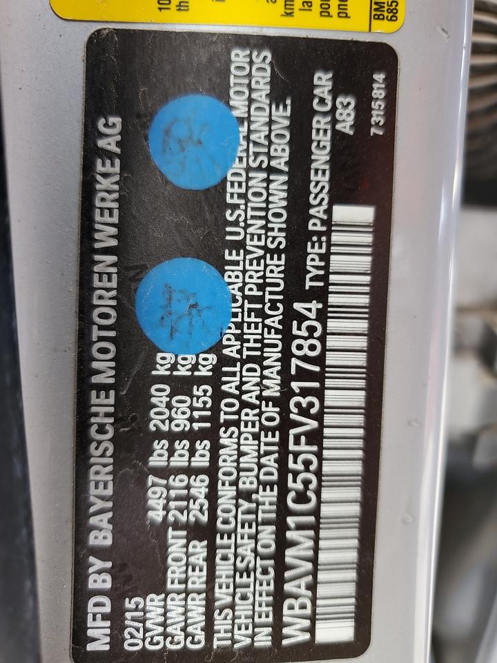 2015 BMW X1 Sdrive28I VIN: WBAVM1C55FV317854 Lot: 52201705