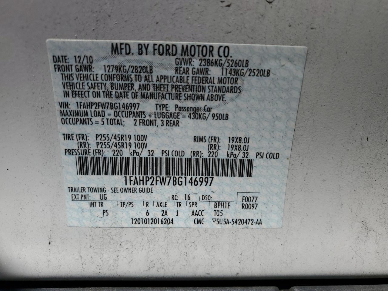 2011 Ford Taurus Limited VIN: 1FAHP2FW7BG146997 Lot: 54203745