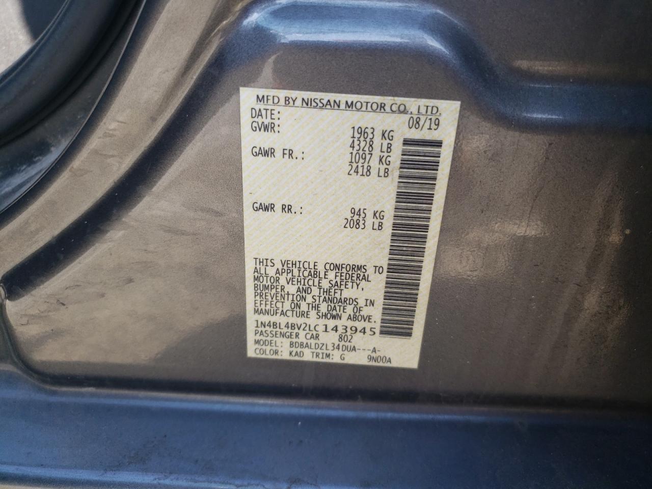 2020 Nissan Altima S VIN: 1N4BL4BV2LC143945 Lot: 54474575