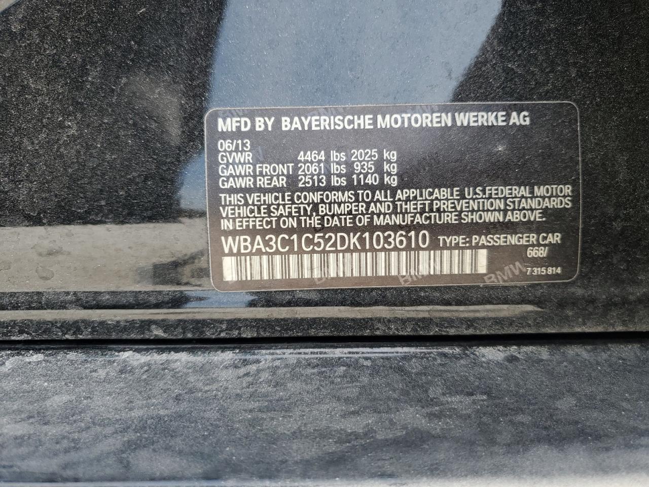 2013 BMW 328 I Sulev VIN: WBA3C1C52DK103610 Lot: 53540965