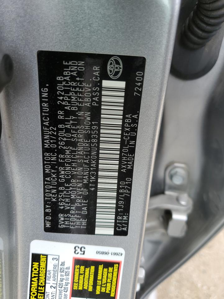 2022 Toyota Camry Xse VIN: 4T1K31AK0NU583591 Lot: 55104495