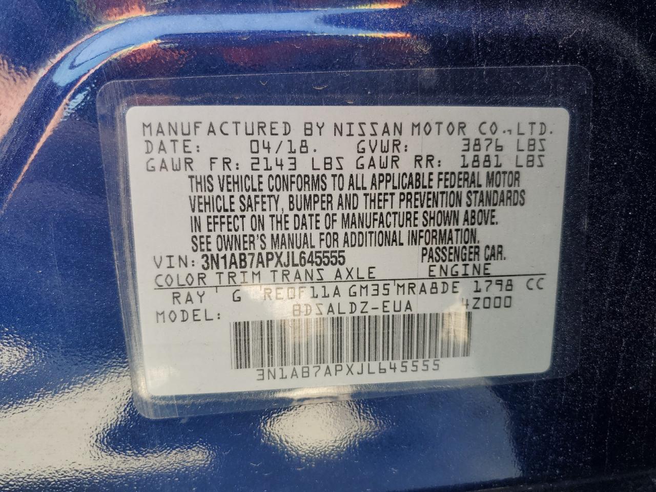 2018 Nissan Sentra S VIN: 3N1AB7APXJL645555 Lot: 54869565