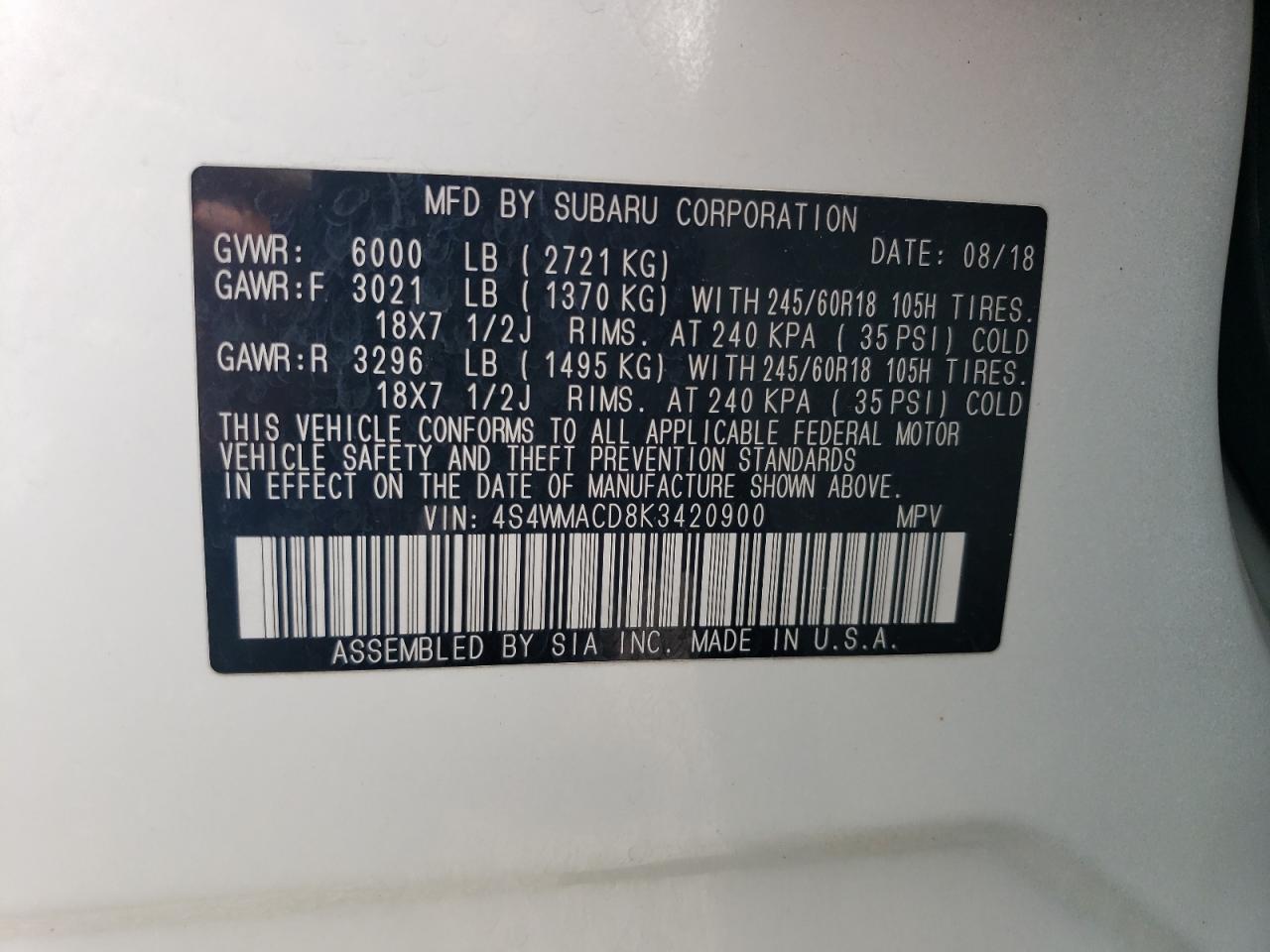 2019 Subaru Ascent Premium VIN: 4S4WMACD8K3420900 Lot: 54334665