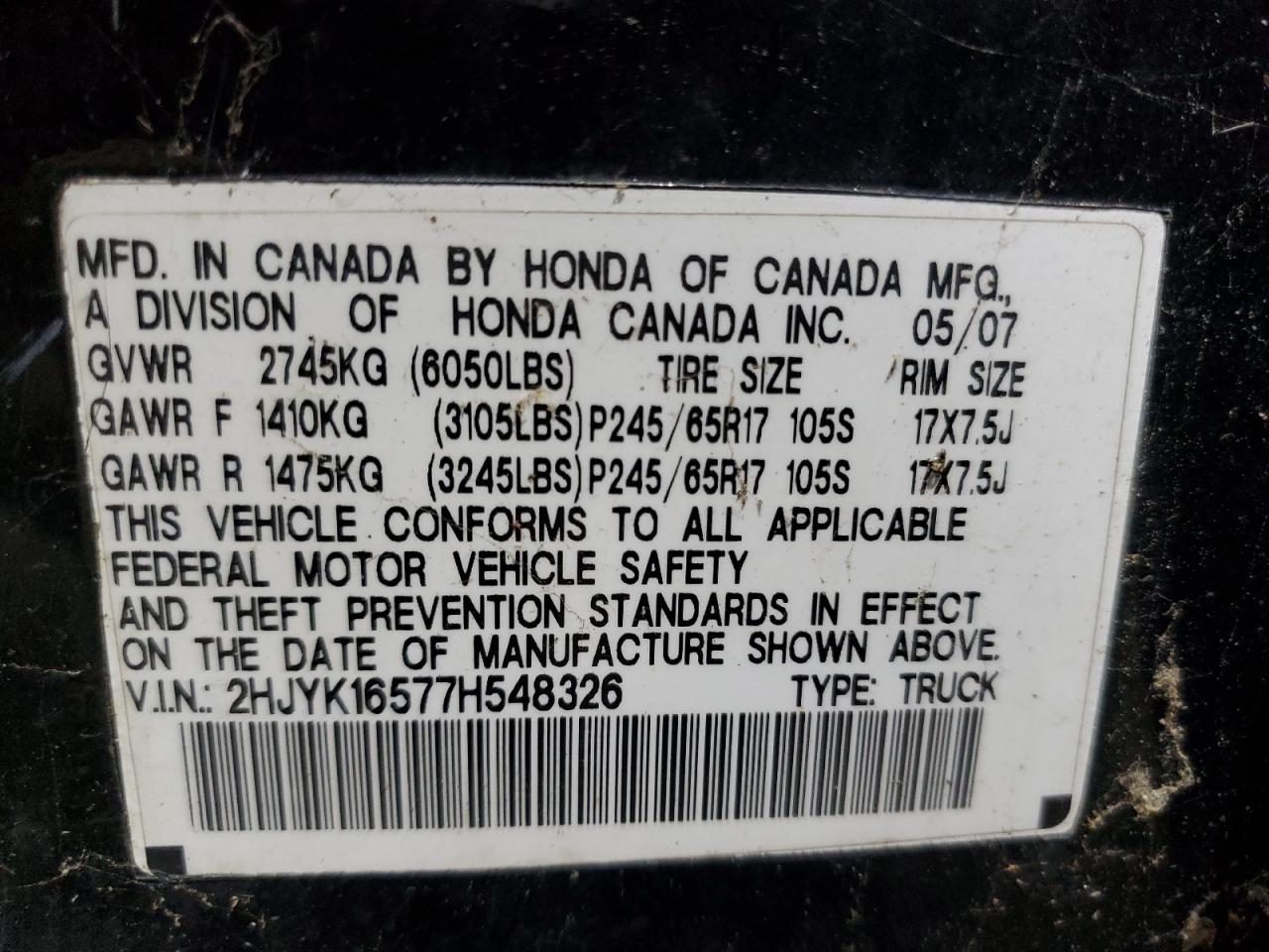 2007 Honda Ridgeline Rtl VIN: 2HJYK16577H548326 Lot: 45387855