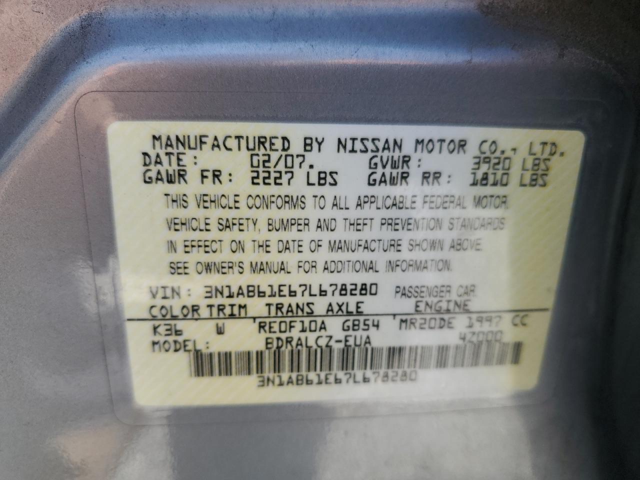 2007 Nissan Sentra 2.0 VIN: 3N1AB61E67L678280 Lot: 54518325