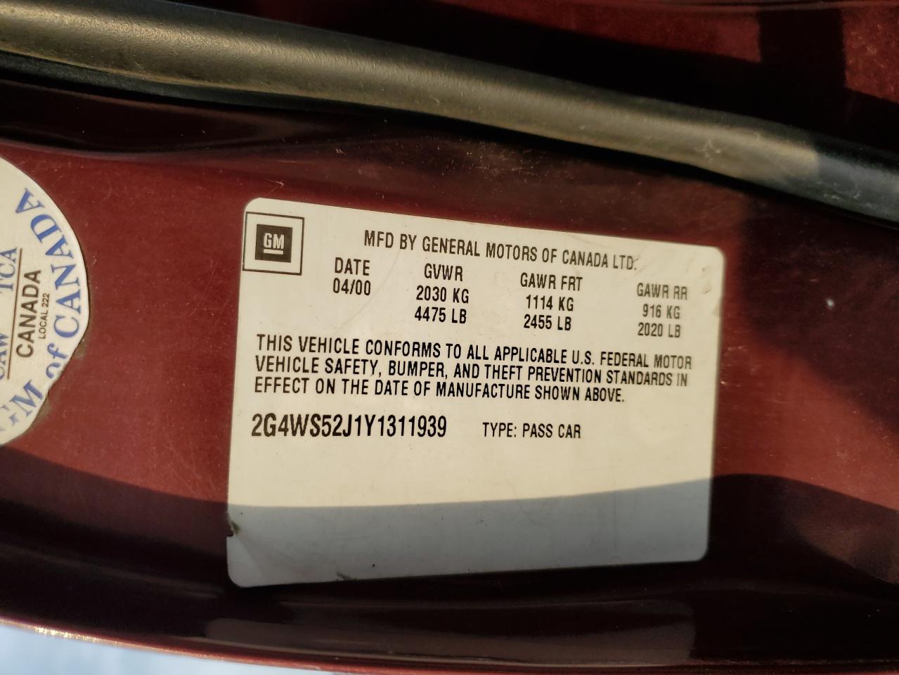 2000 Buick Century Custom VIN: 2G4WS52J1Y1311939 Lot: 52420285