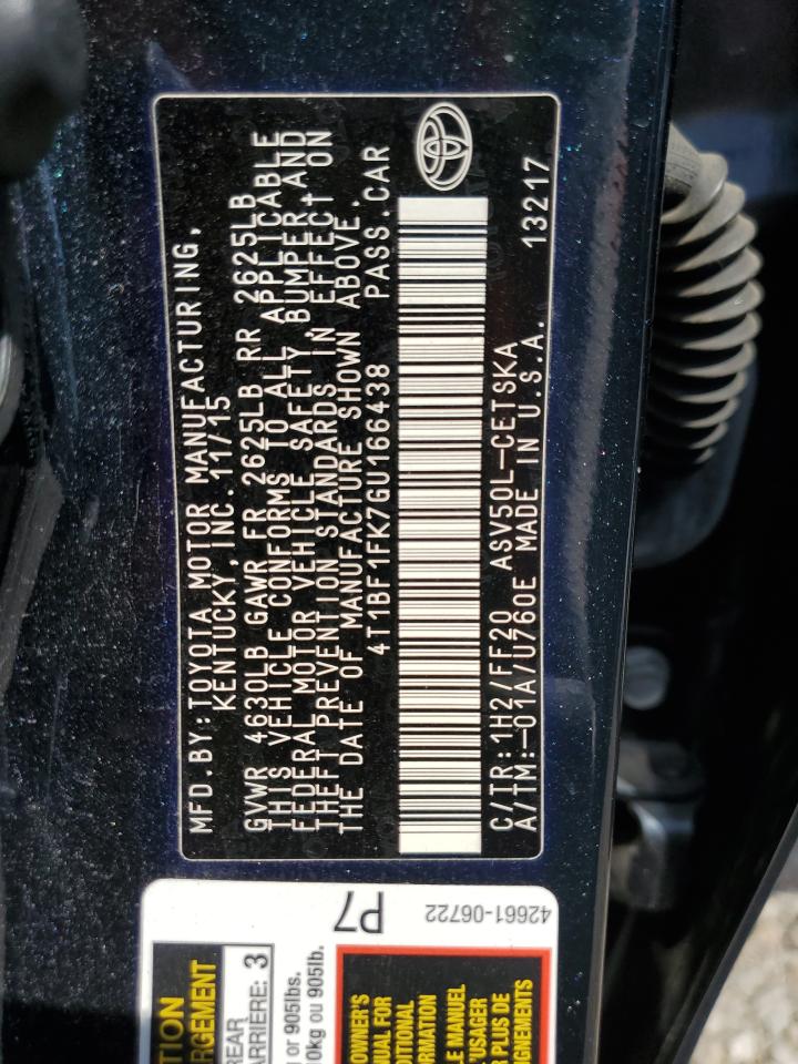 2016 Toyota Camry Le VIN: 4T1BF1FK7GU166438 Lot: 53049785