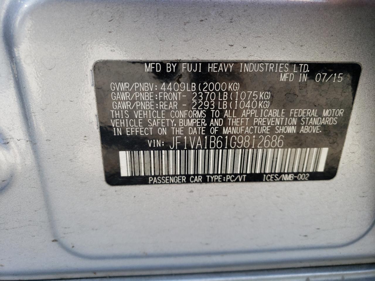 2016 Subaru Wrx VIN: JF1VA1B61G9812686 Lot: 54433305