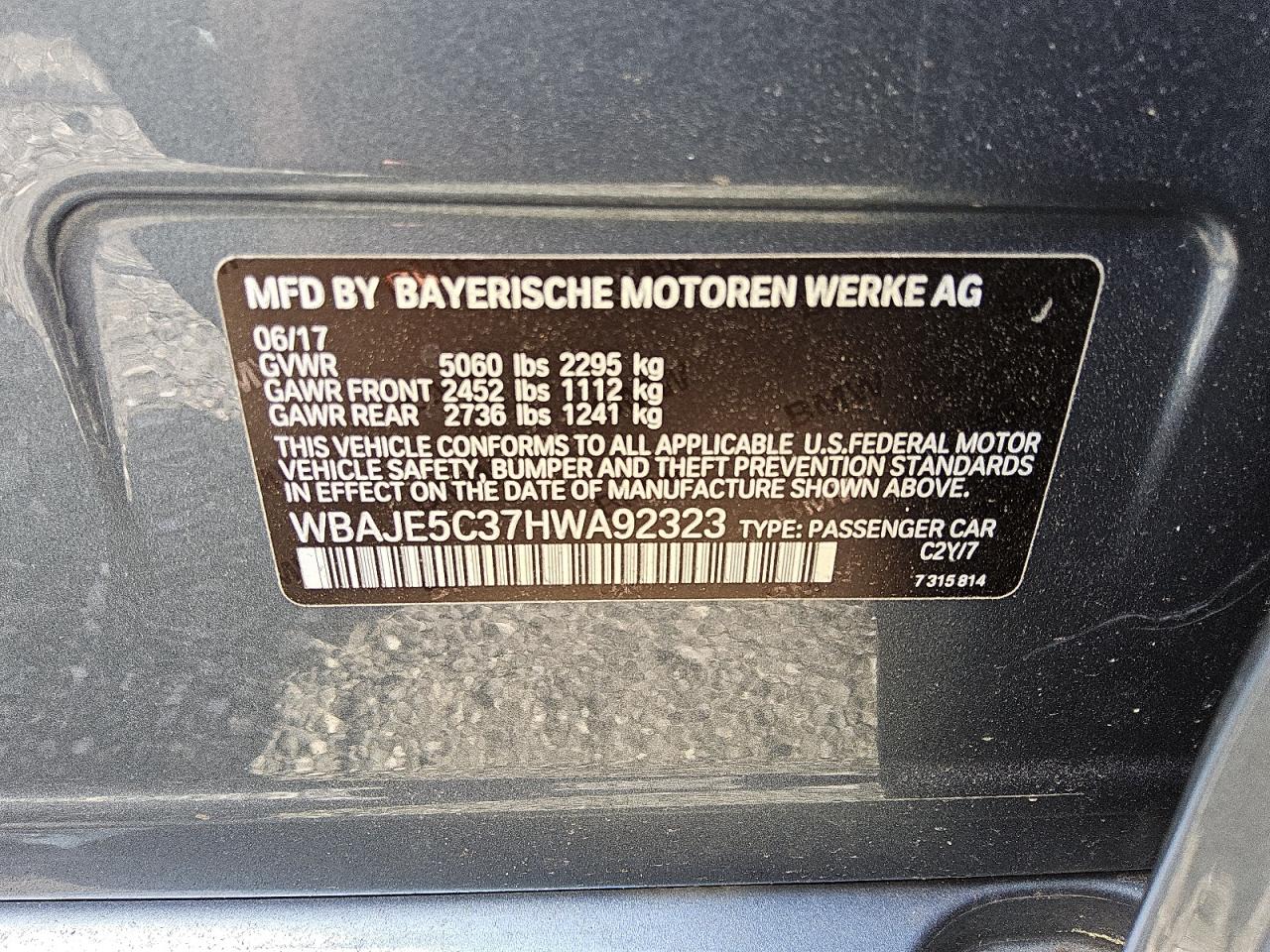 2017 BMW 540 I VIN: WBAJE5C37HWA92323 Lot: 53340355