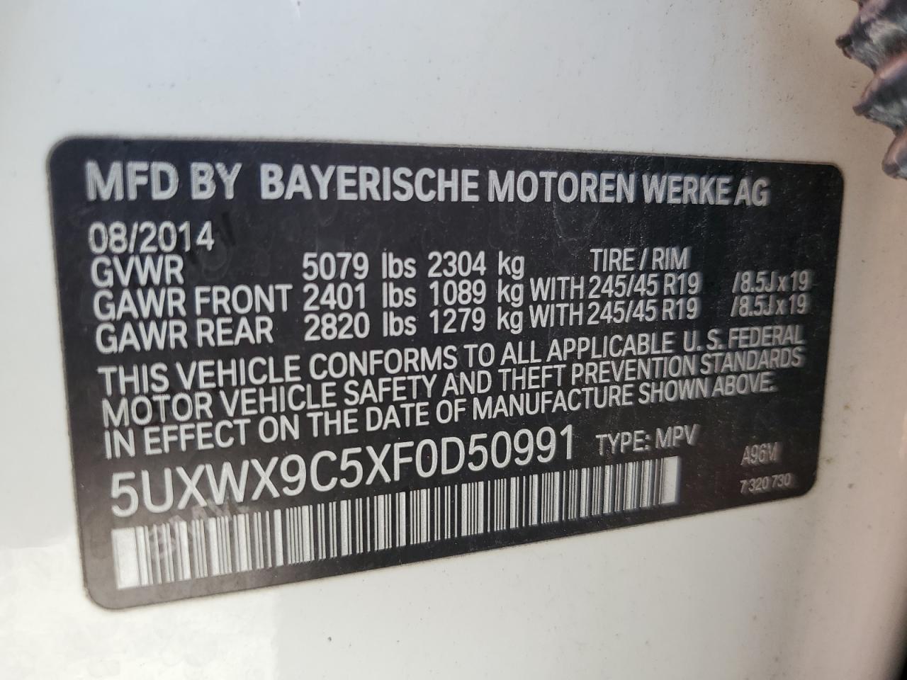 2015 BMW X3 xDrive28I VIN: 5UXWX9C5XF0D50991 Lot: 55047125
