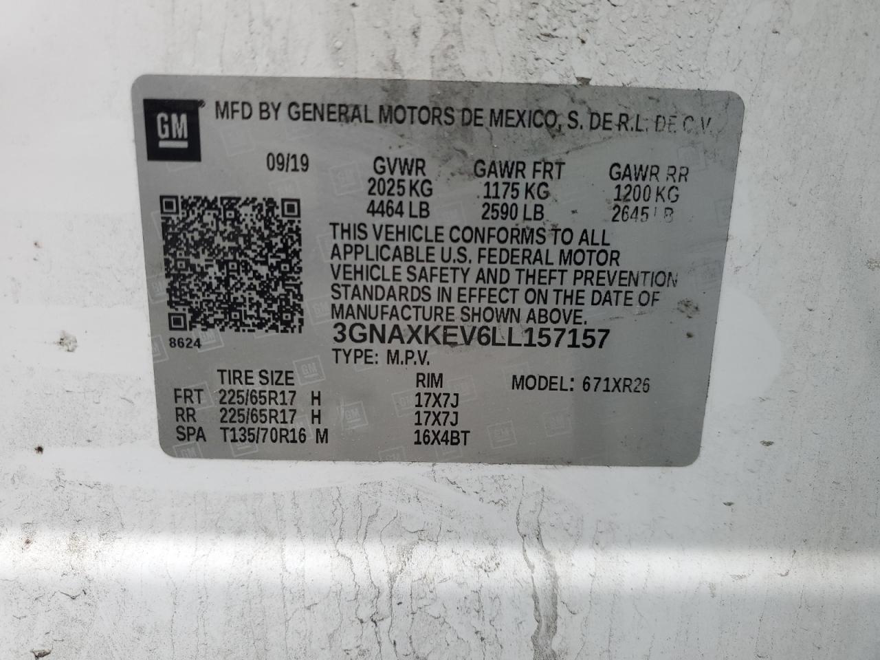 2020 Chevrolet Equinox Lt VIN: 3GNAXKEV6LL157157 Lot: 52184615