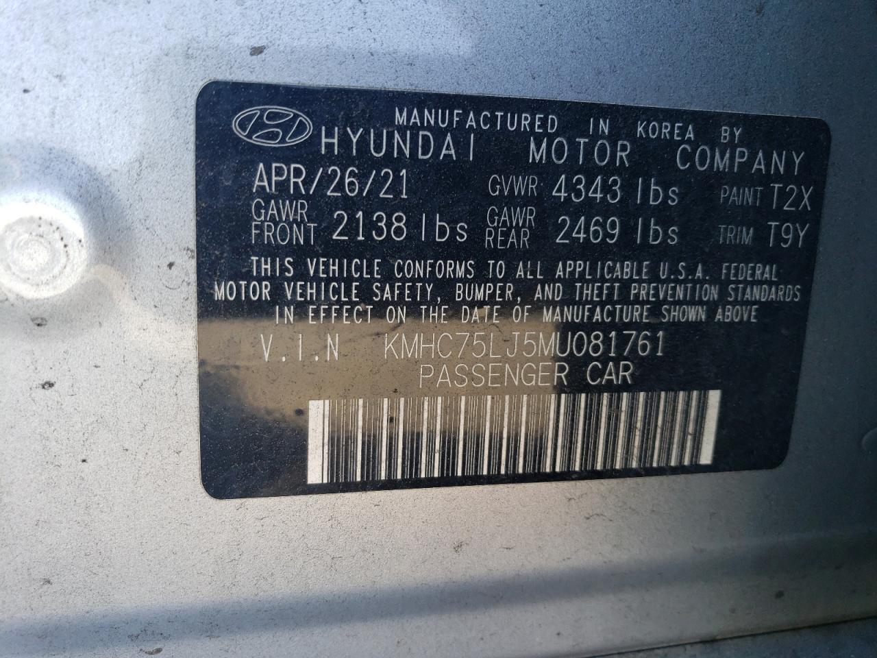 2021 Hyundai Ioniq Se VIN: KMHC75LJ5MU081761 Lot: 54931475
