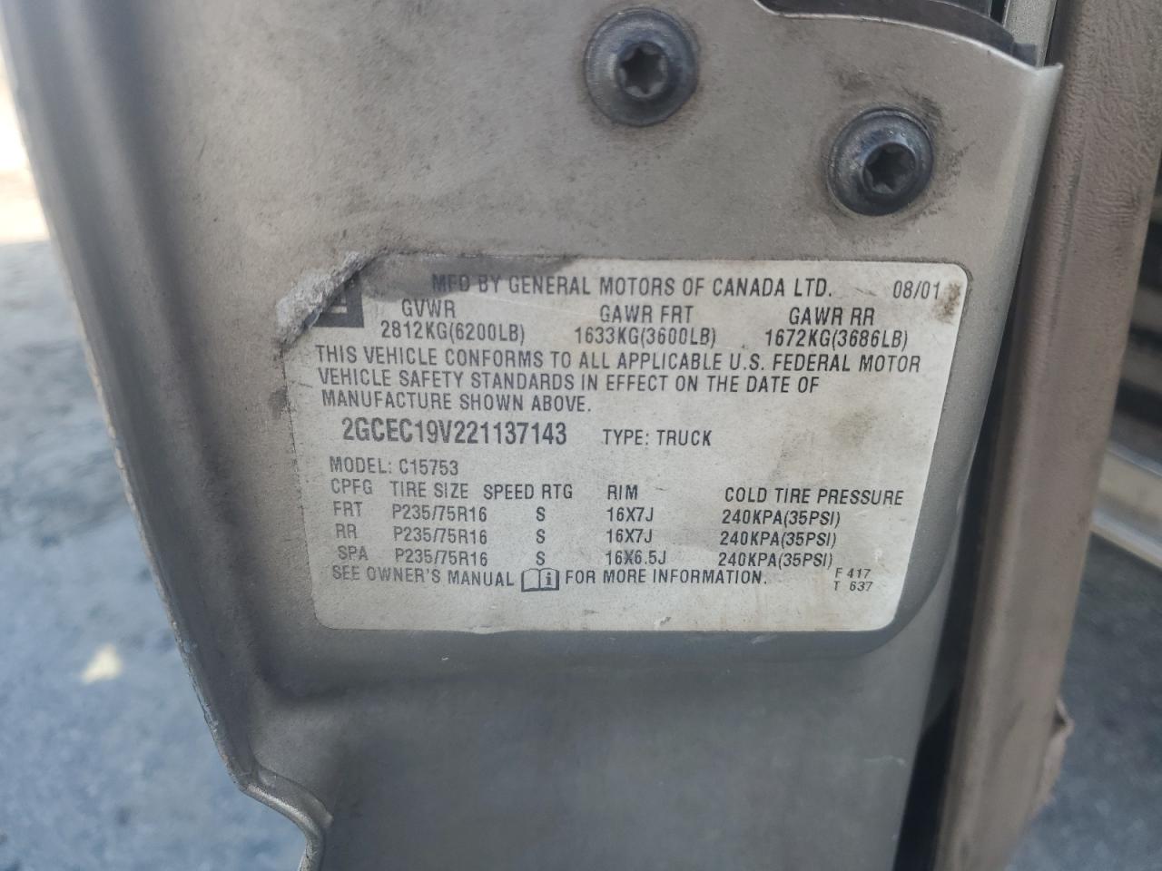 2002 Chevrolet Silverado C1500 VIN: 2GCEC19V22137143 Lot: 51263095