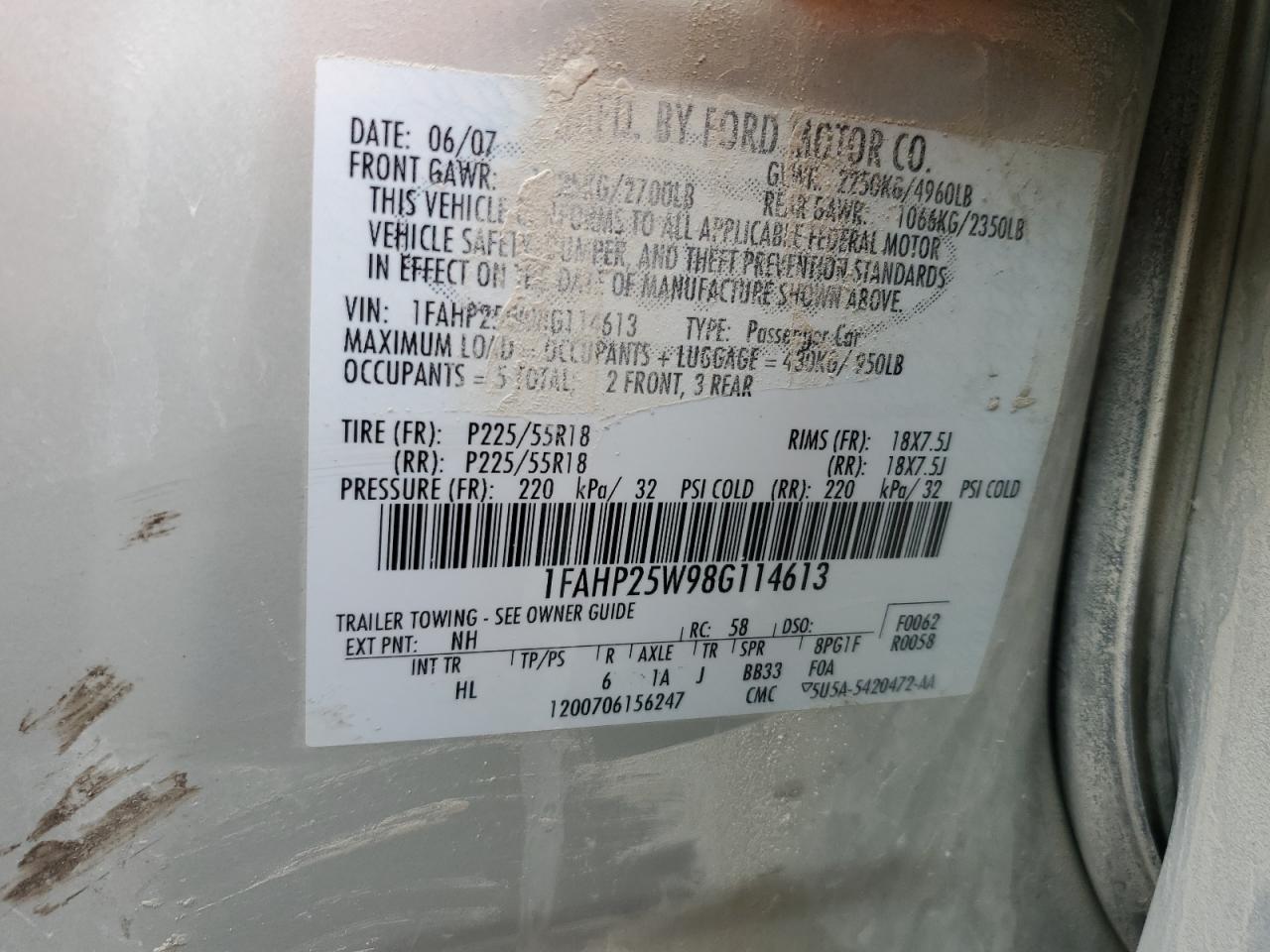 2008 Ford Taurus Limited VIN: 1FAHP25W98G114613 Lot: 54730855