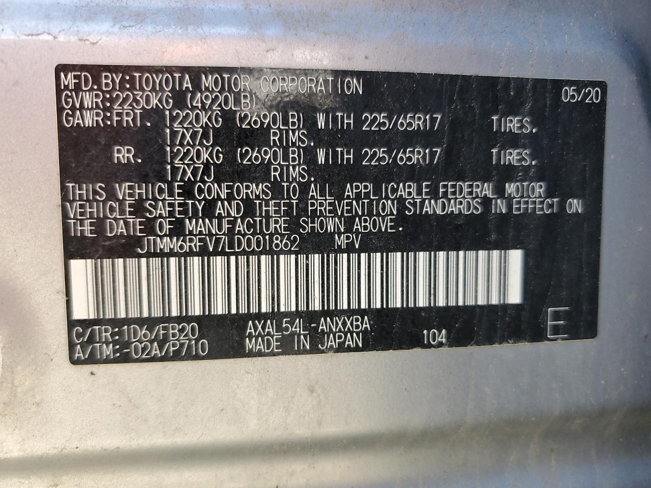2020 Toyota Rav4 Le VIN: JTMM6RFV7LD001862 Lot: 51701205