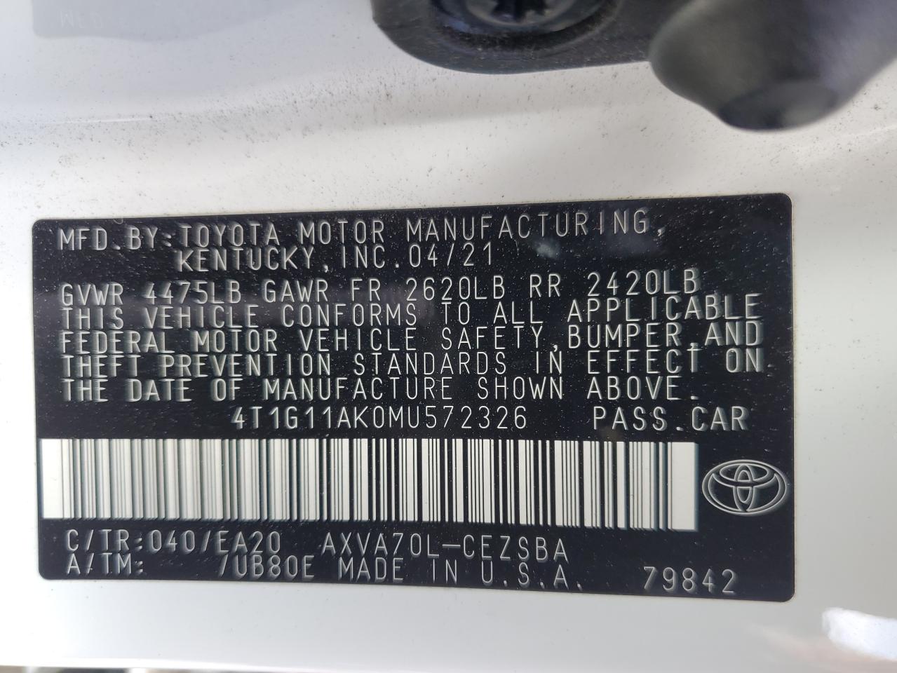 2021 Toyota Camry Se VIN: 4T1G11AK0MU572326 Lot: 54611185