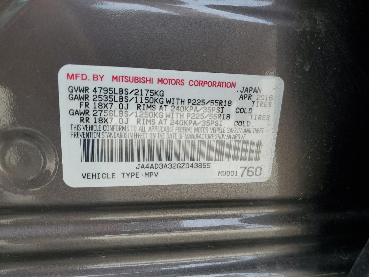 2016 Mitsubishi Outlander Se VIN: JA4AD3A32GZ043855 Lot: 54648895