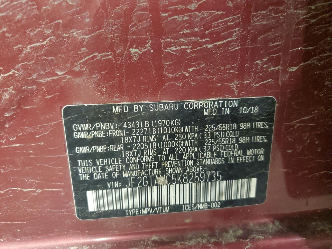 2019 Subaru Crosstrek Limited VIN: JF2GTAMC5K8259735 Lot: 51482245