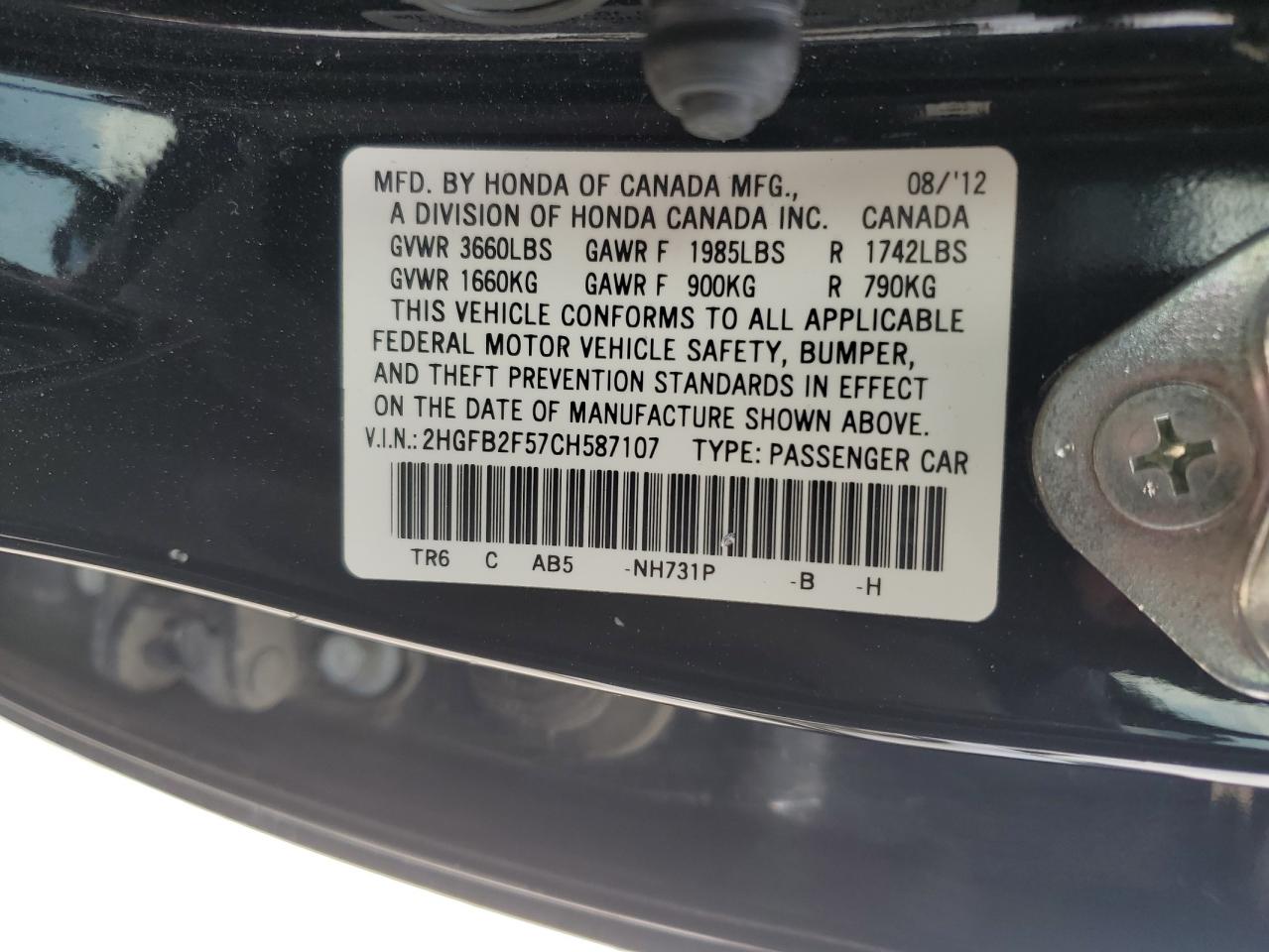 2012 Honda Civic Lx VIN: 2HGFB2F57CH587107 Lot: 55165055