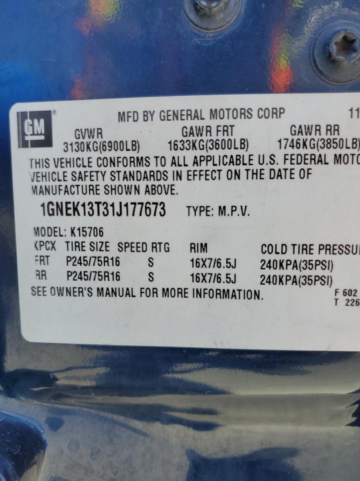 2001 Chevrolet Tahoe K1500 VIN: 1GNEK13T31J177673 Lot: 53994565