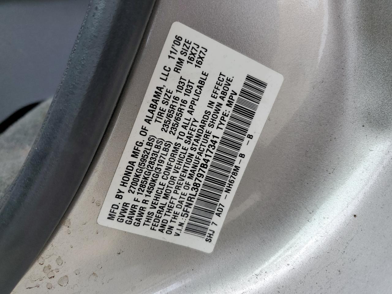 2007 Honda Odyssey Exl VIN: 5FNRL38797B417341 Lot: 51848675