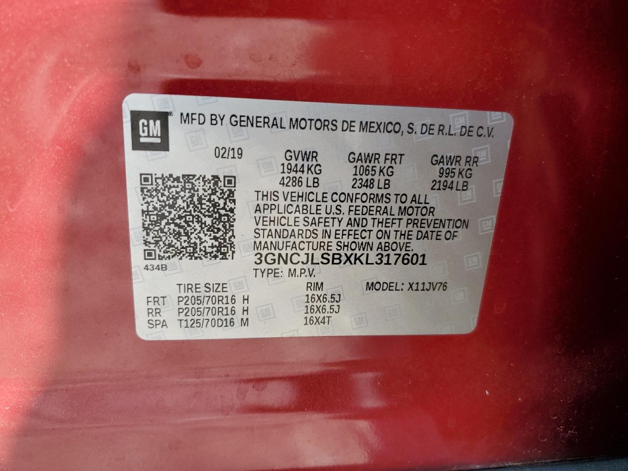 3gncjlsbxkl317601 3GNCJLSBXKL317601 2019 Chevrolet Trax 1Lt