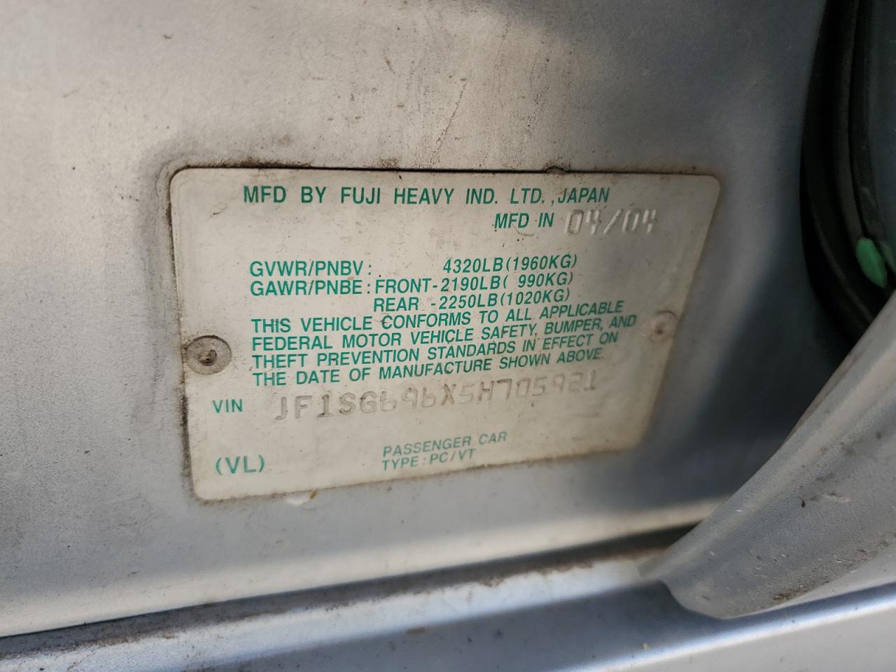 2005 Subaru Forester 2.5Xt VIN: JF1SG696X5H705921 Lot: 53283185