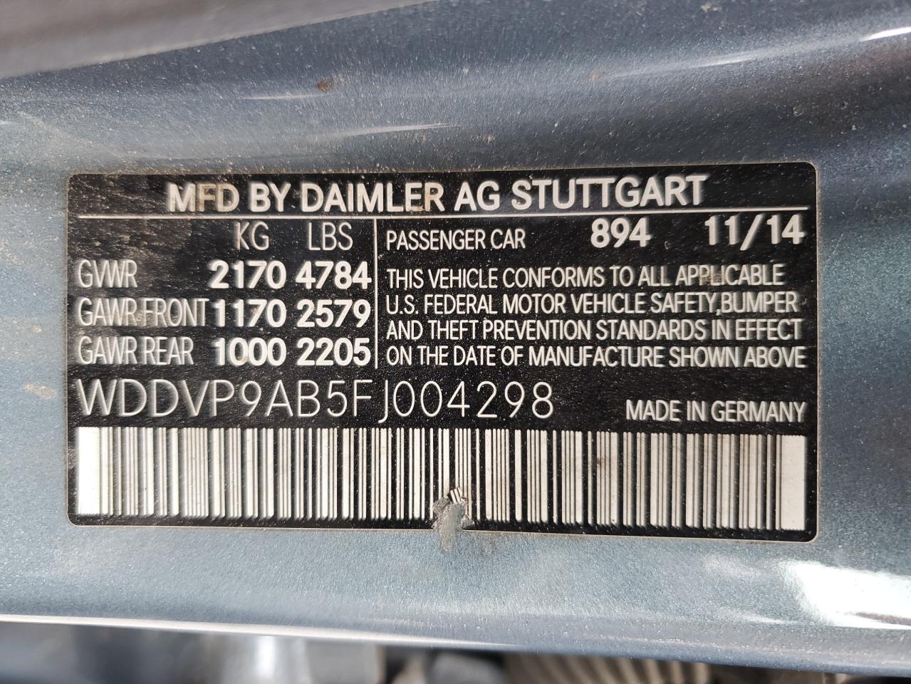 2015 Mercedes-Benz B Electric VIN: WDDVP9AB5FJ004298 Lot: 53533285