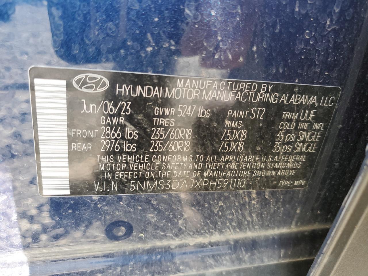 2023 Hyundai Santa Fe Sel Premium VIN: 5NMS3DAJXPH591110 Lot: 54969485