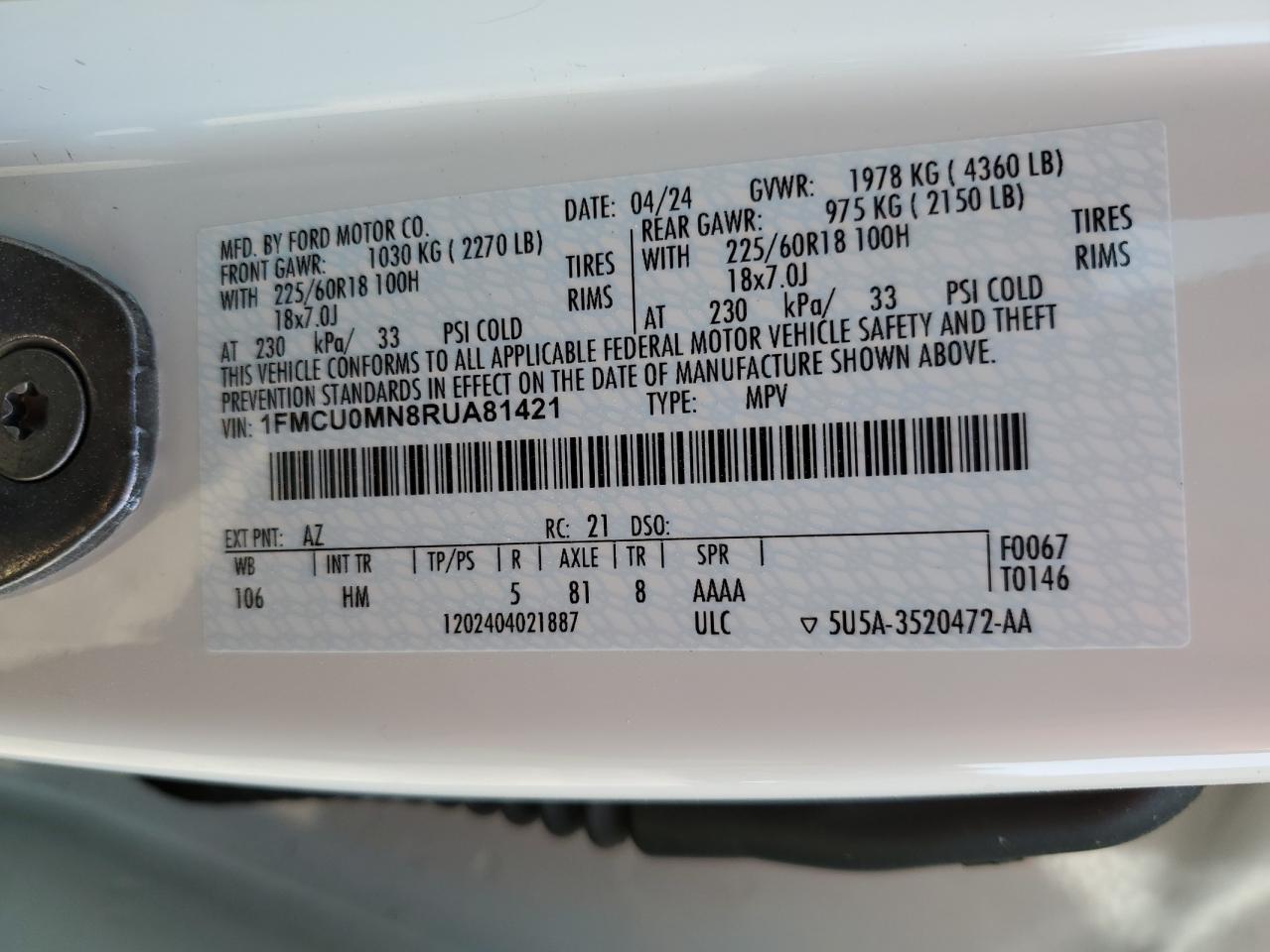 2024 Ford Escape St Line VIN: 1FMCU0MN8RUA81421 Lot: 51293825