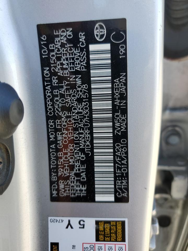 2017 Toyota Prius VIN: JTDKBRFU7H3031578 Lot: 55082125
