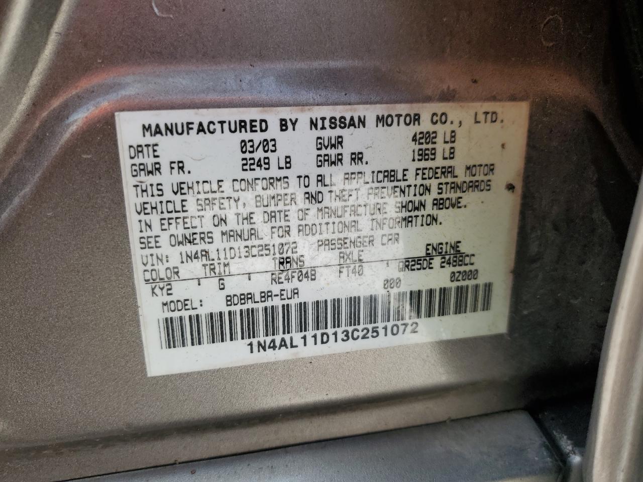 2003 Nissan Altima Base VIN: 1N4AL11D13C251072 Lot: 53814585
