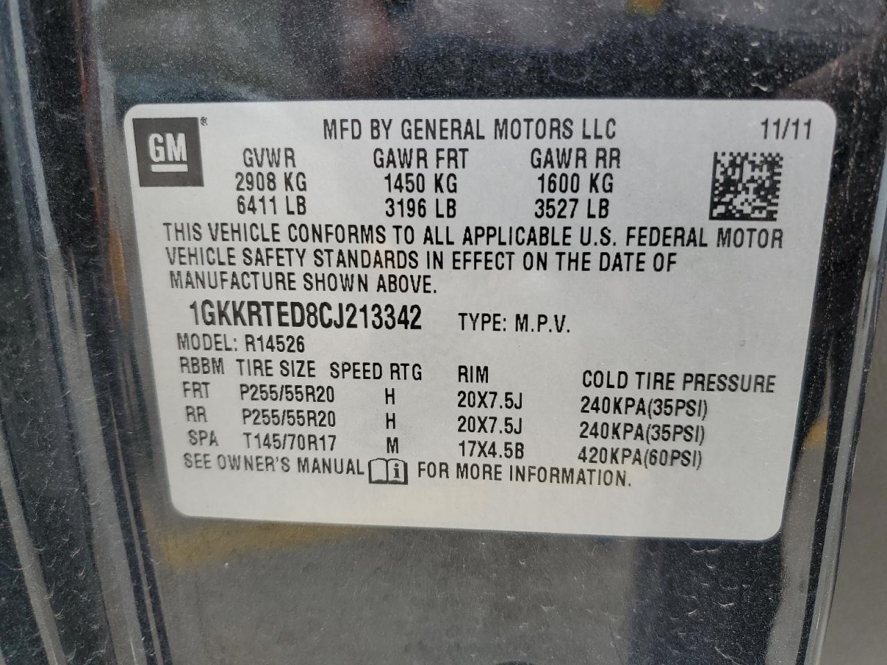 2012 GMC Acadia Denali VIN: 1GKKBTED8CJ213342 Lot: 52187975